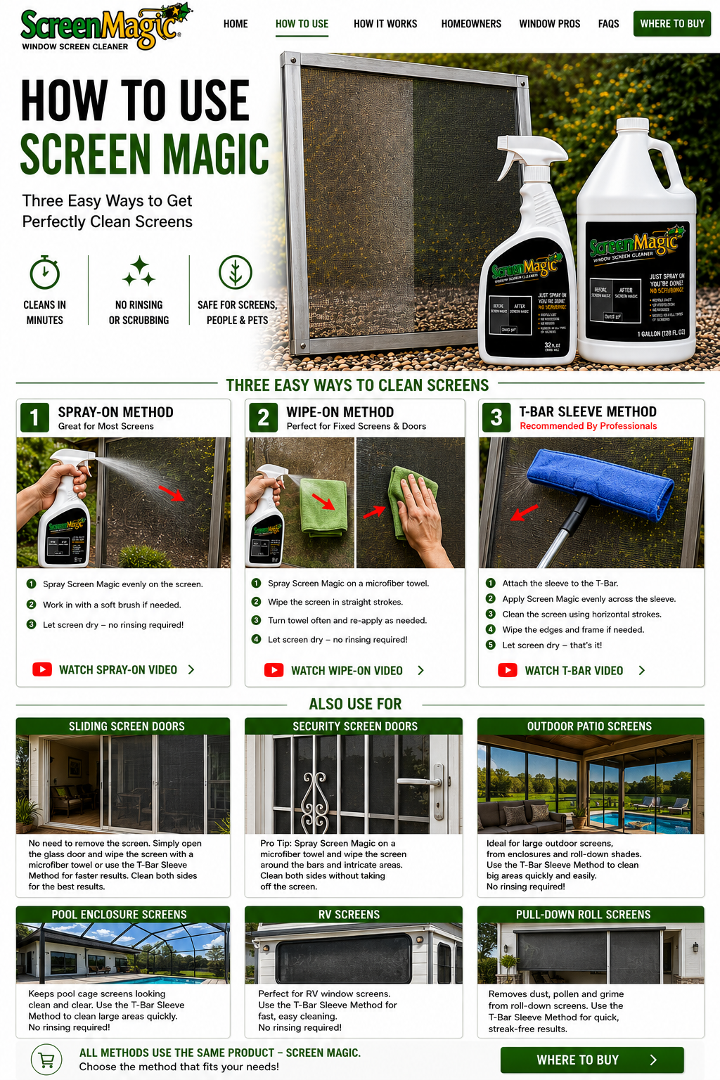 How to use Screen Magic with spray-on, wipe-on, and T-bar sleeve methods