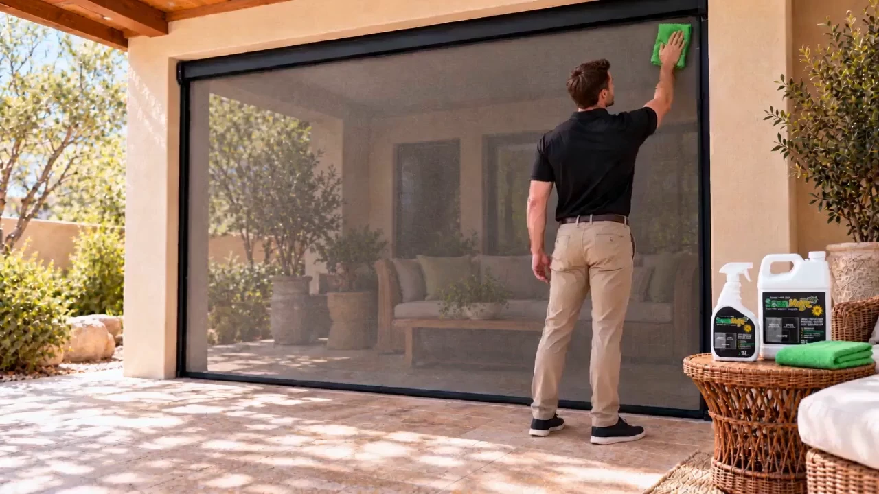 Man wiping the upper section of the lowered retractable screen.