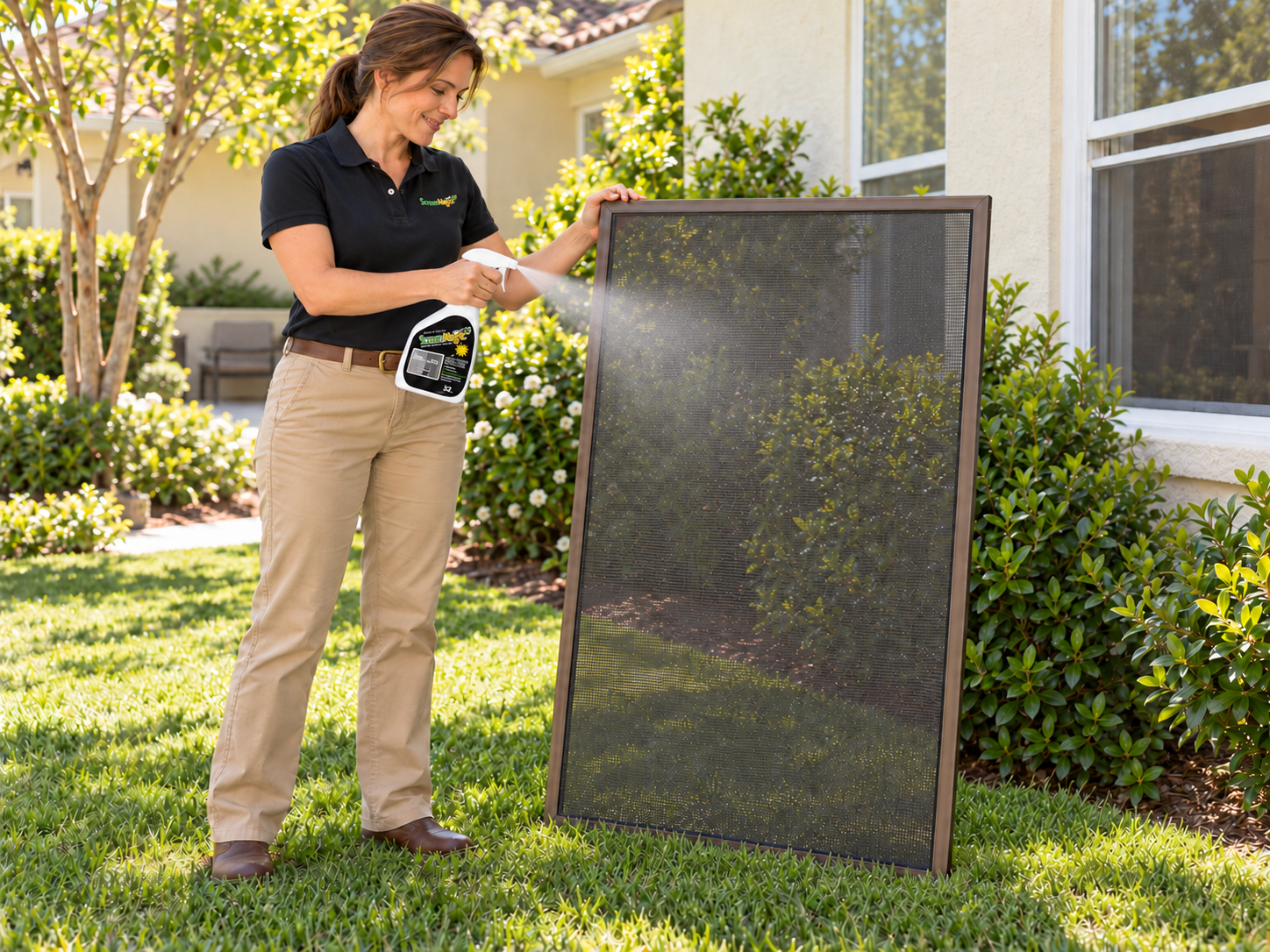 The woman sprays Screen Magic onto the solar-screen mesh while steadying its frame as it leans against a bush on the grass.