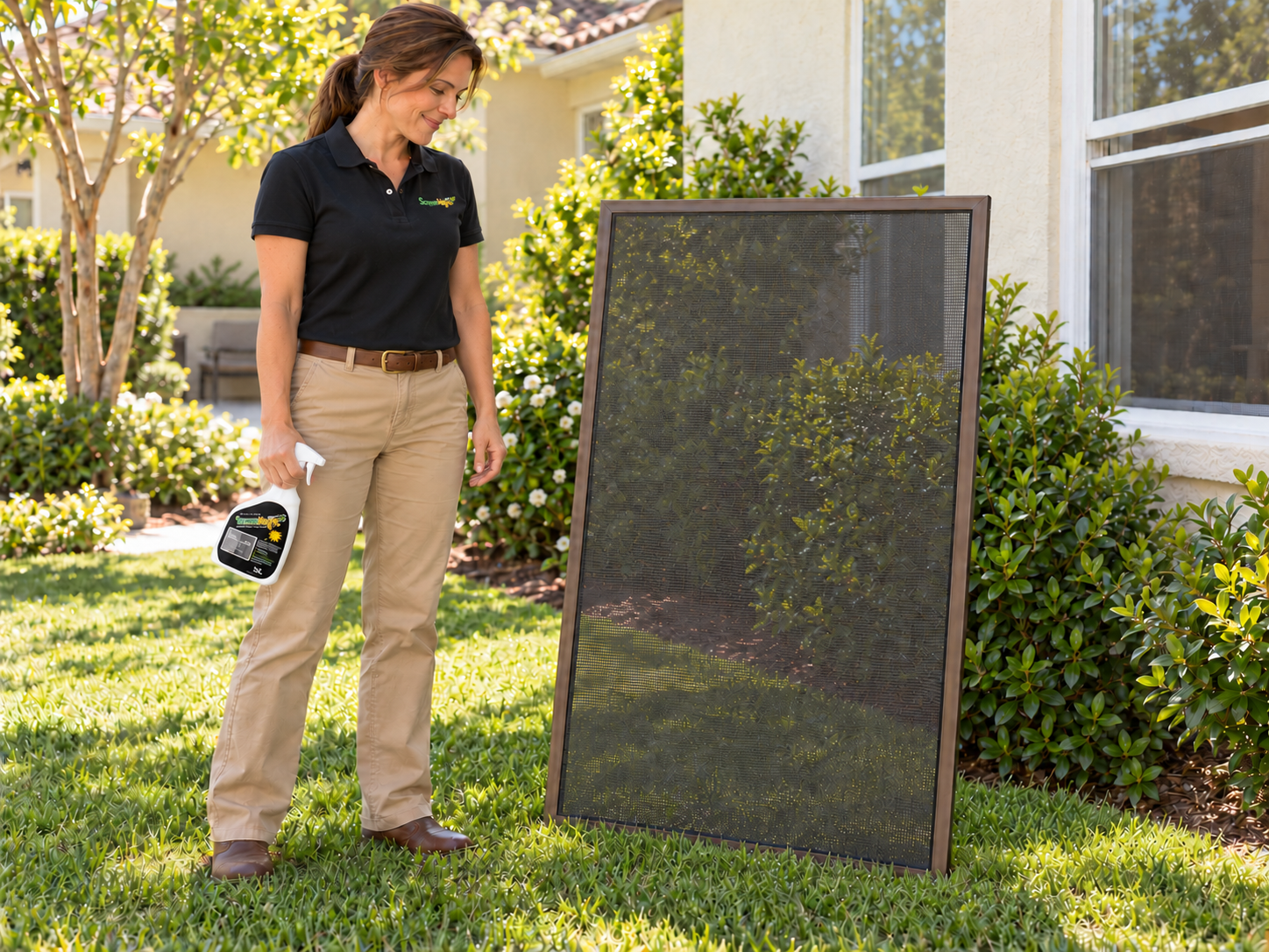 The woman stands back with the bottle lowered while the solar screen leans against a bush on the grass to dry naturally.