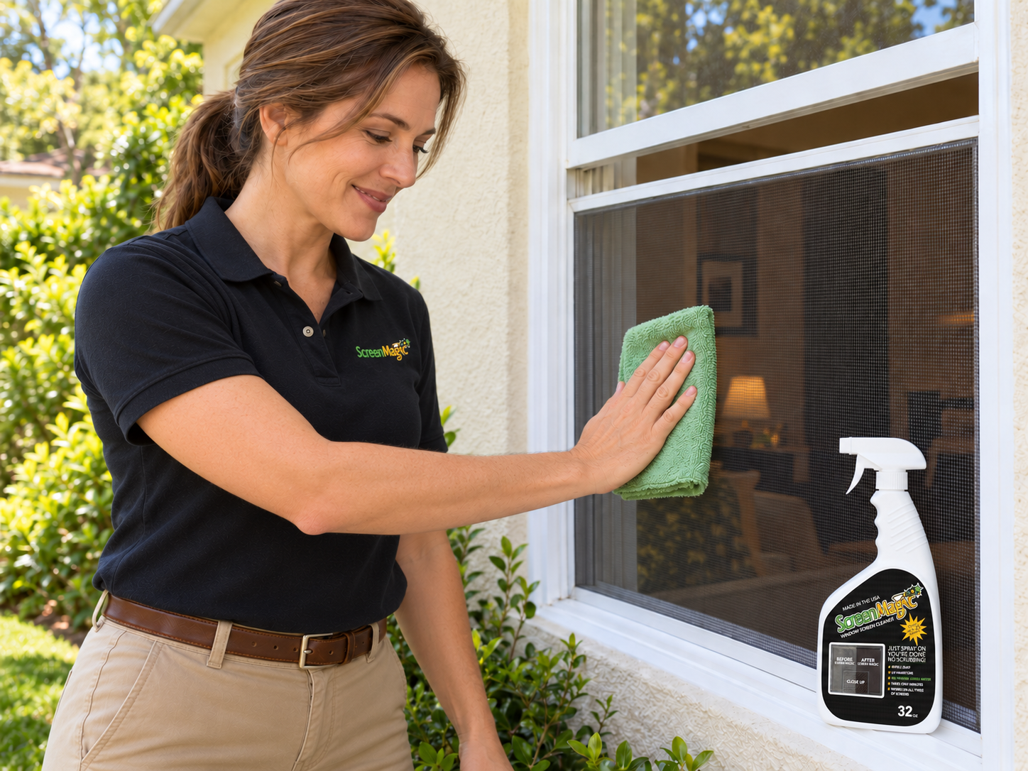 The woman gently wipes the installed window-screen mesh with a green microfiber towel while the glass sash remains raised.