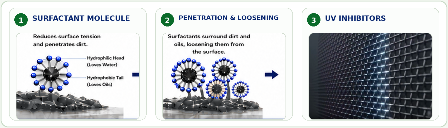 Three-stage Screen Magic science graphic showing surfactant molecules, penetration and loosening of gray dirt, and UV inhibitors on clean black screen mesh